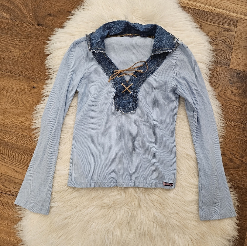 Vintage Light Blue Long Sleeve Top with Denim Lace-Up Collar